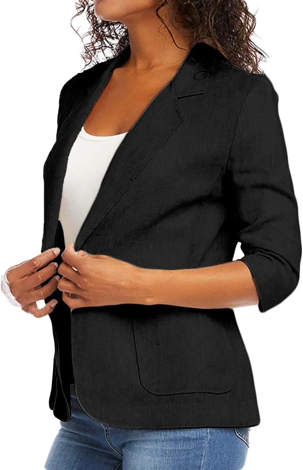 Cotton Linen Blazer Women 3/4 Stretchy Ruched Sleeve Fully Lined Boyfriend Lightweight Breathable Casual Work Jacket