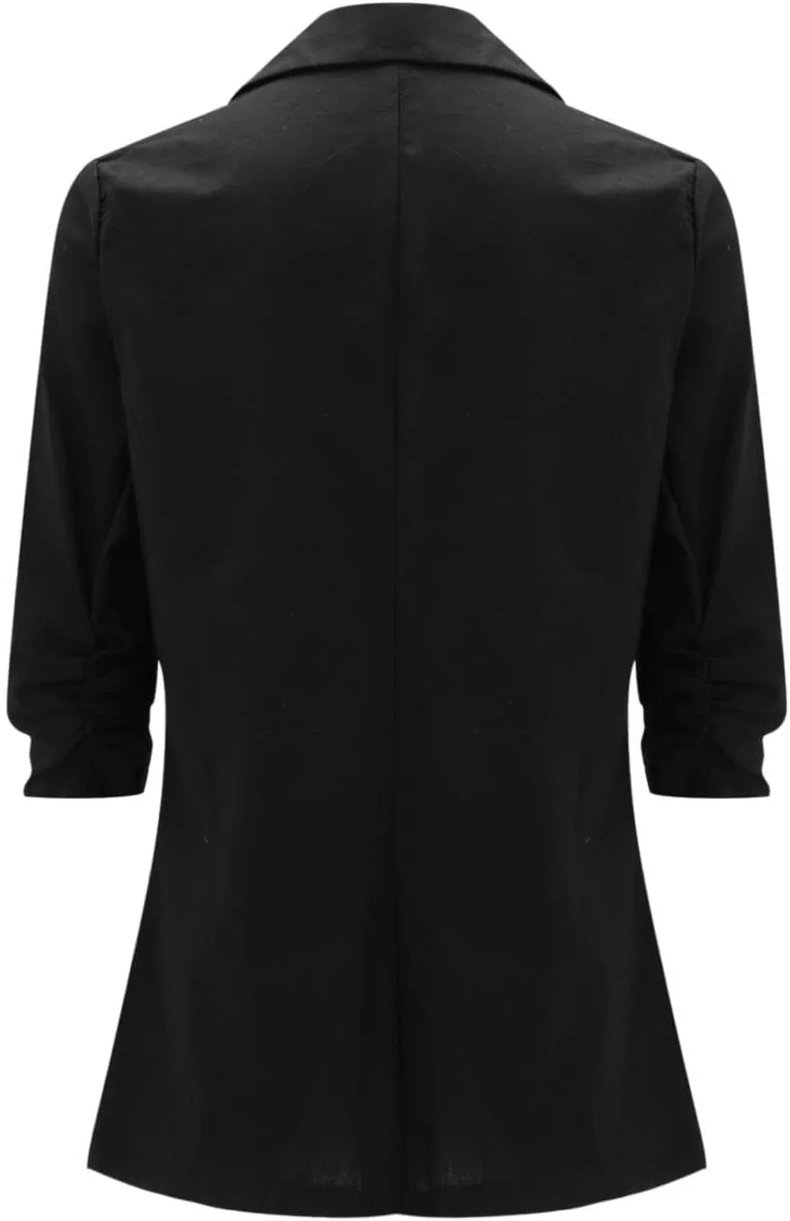 Cotton Linen Blazer Women 3/4 Stretchy Ruched Sleeve Fully Lined Boyfriend Lightweight Breathable Casual Work Jacket