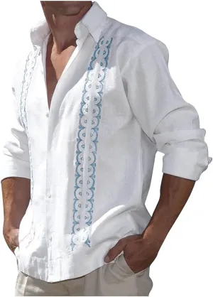 Cotton Linen Shirts for Men Casual Long Sleeve Buttons Down Linen Shirts Summer Lightweight Beach Shirts