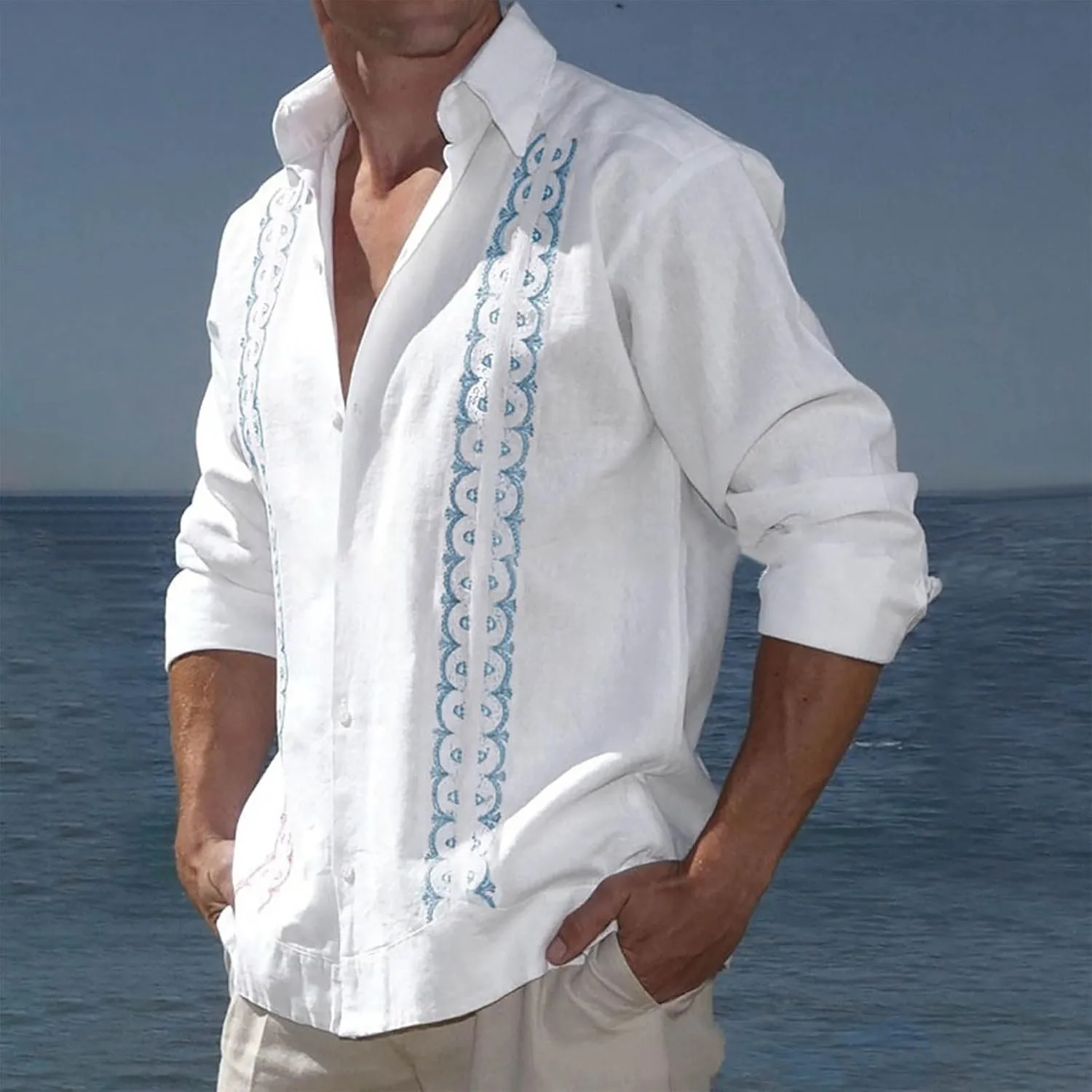 Cotton Linen Shirts for Men Casual Long Sleeve Buttons Down Linen Shirts Summer Lightweight Beach Shirts