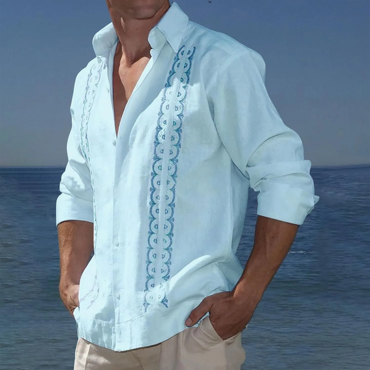Cotton Linen Shirts for Men Casual Long Sleeve Buttons Down Linen Shirts Summer Lightweight Beach Shirts