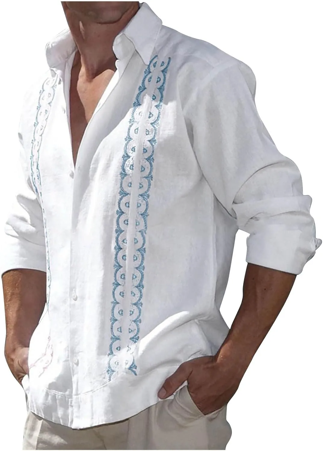 Cotton Linen Shirts for Men Casual Long Sleeve Buttons Down Linen Shirts Summer Lightweight Beach Shirts