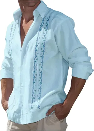 Cotton Linen Shirts for Men Casual Long Sleeve Buttons Down Linen Shirts Summer Lightweight Beach Shirts