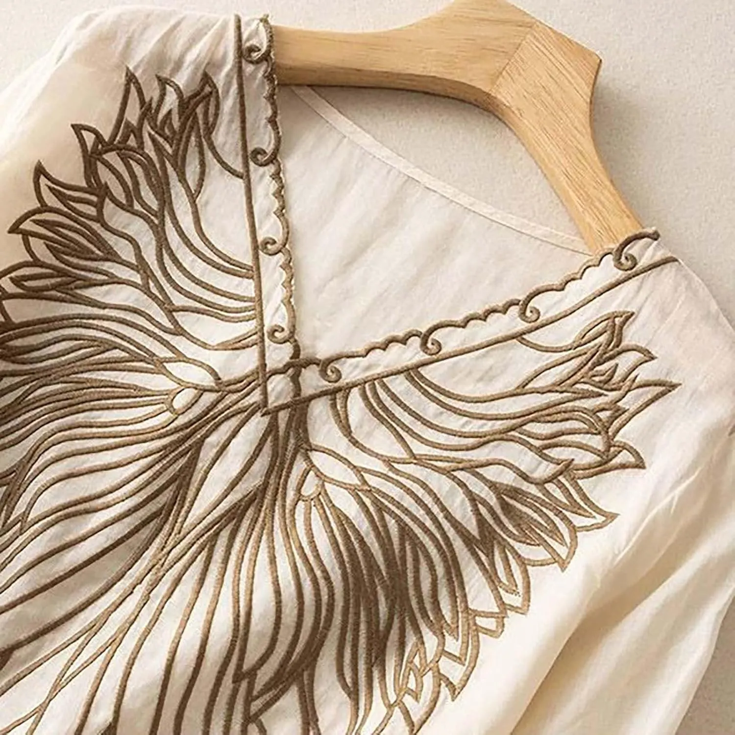 Cotton Linen Shirts for Women 2025 Trendy Summer Floral Embroidered 3/4 Sleeve Flowy Blouse Dressy Casual Boho Tops