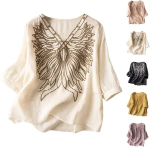 Cotton Linen Shirts for Women 2025 Trendy Summer Floral Embroidered 3/4 Sleeve Flowy Blouse Dressy Casual Boho Tops