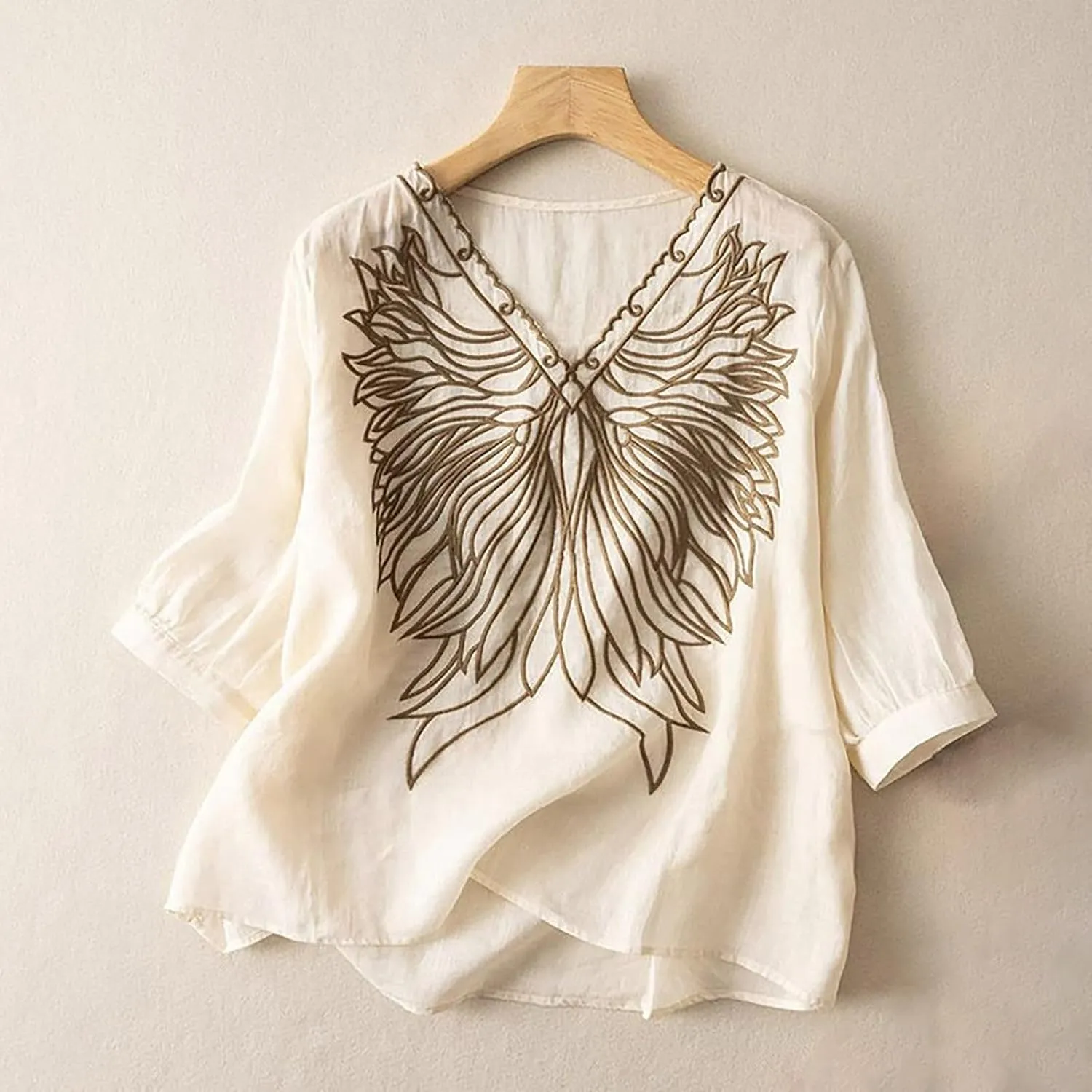 Cotton Linen Shirts for Women 2025 Trendy Summer Floral Embroidered 3/4 Sleeve Flowy Blouse Dressy Casual Boho Tops