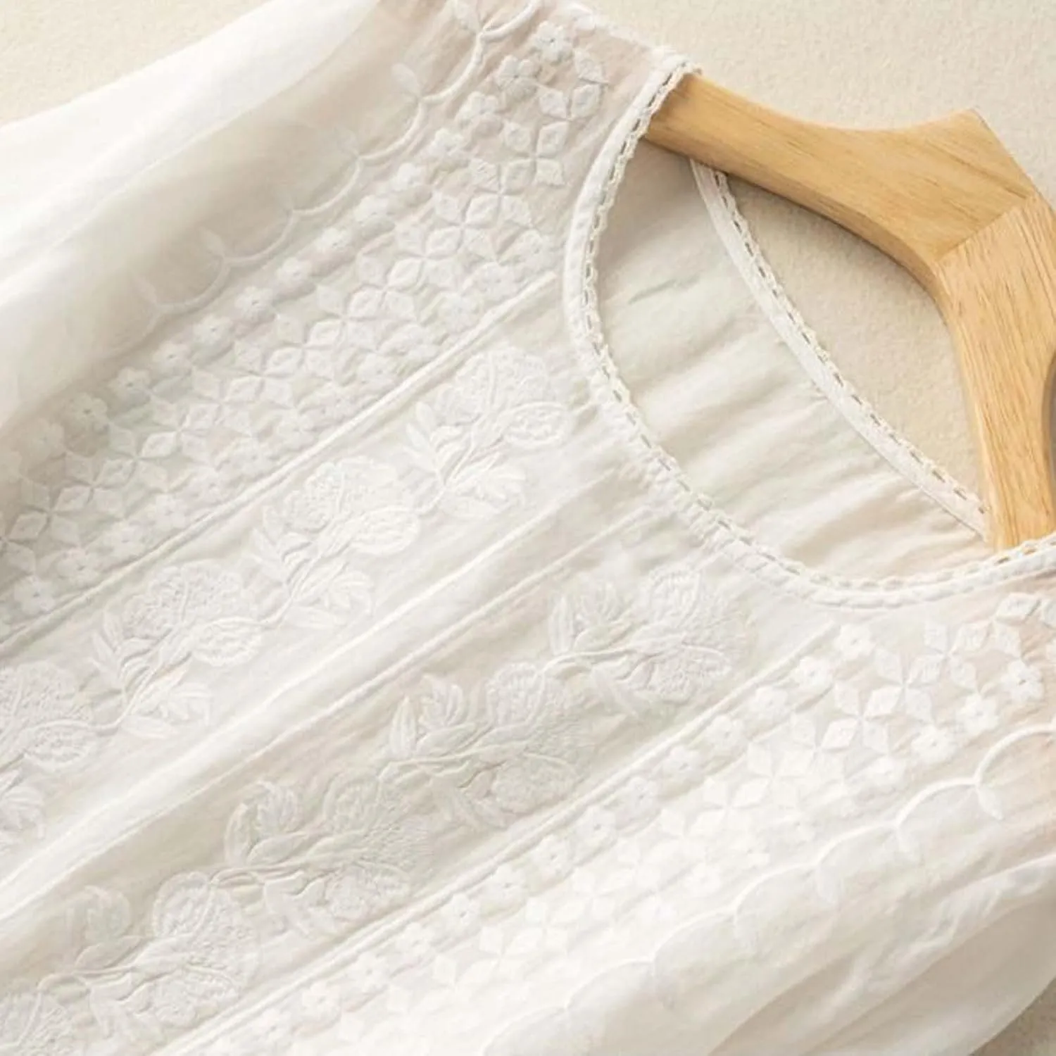 Cotton Linen Shirts for Women 2025 Trendy Summer Retro Embroidered 3/4 Sleeve Boho Blouse Dressy Casual Vacation Top