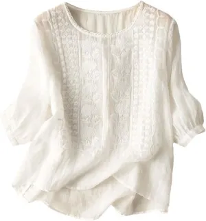 Cotton Linen Shirts for Women 2025 Trendy Summer Retro Embroidered 3/4 Sleeve Boho Blouse Dressy Casual Vacation Top