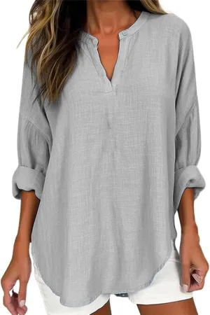 Cotton Linen Tops for Women 2025 Long Sleeve Cotton Oversized T Shirt White Linen Shirt Women Travel Clothes Women