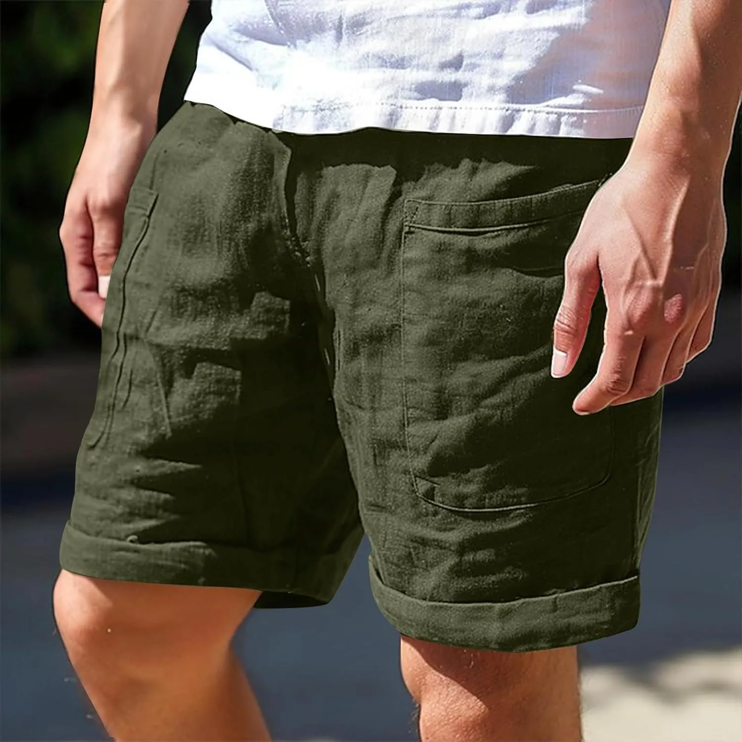 Cotton Mens Casual Linen Shorts Rolled Hem Relaxed Fit Shorts with Dual Front Pockets and Breathable Texture