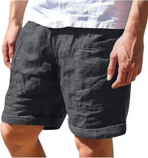 Cotton Mens Casual Linen Shorts Rolled Hem Relaxed Fit Shorts with Dual Front Pockets and Breathable Texture