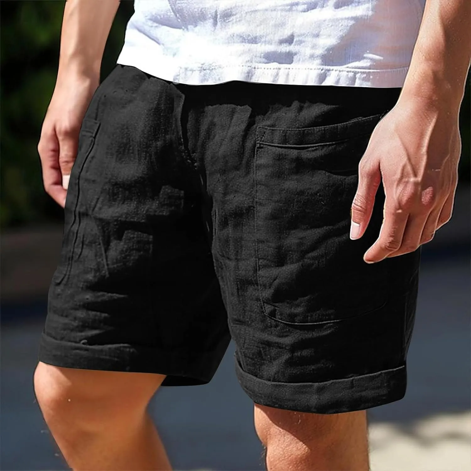 Cotton Mens Casual Linen Shorts Rolled Hem Relaxed Fit Shorts with Dual Front Pockets and Breathable Texture