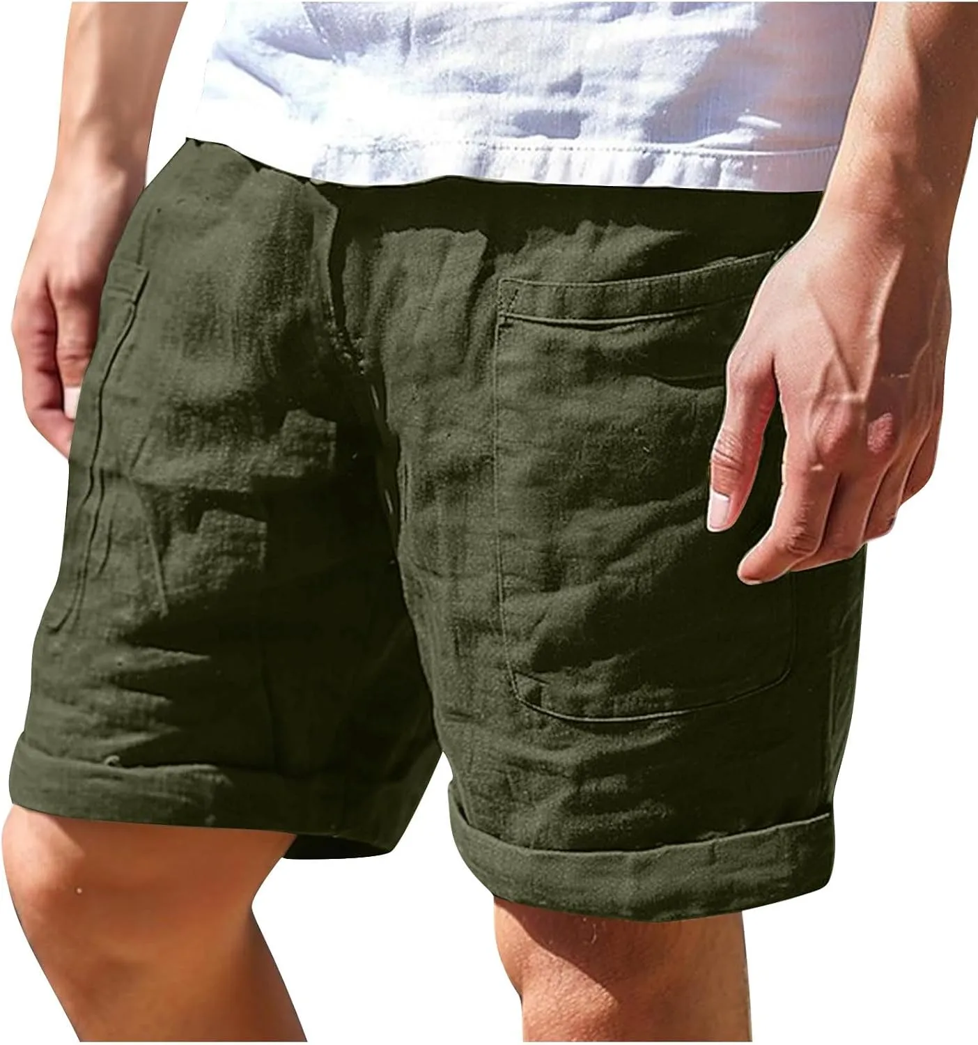 Cotton Mens Casual Linen Shorts Rolled Hem Relaxed Fit Shorts with Dual Front Pockets and Breathable Texture