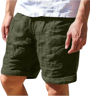 Cotton Mens Casual Linen Shorts Rolled Hem Relaxed Fit Shorts with Dual Front Pockets and Breathable Texture
