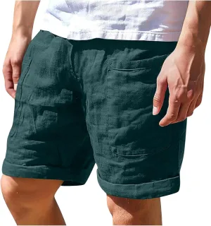 Cotton Mens Casual Linen Shorts Rolled Hem Relaxed Fit Shorts with Dual Front Pockets and Breathable Texture