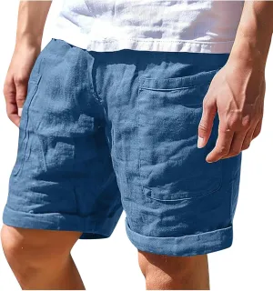 Cotton Mens Casual Linen Shorts Rolled Hem Relaxed Fit Shorts with Dual Front Pockets and Breathable Texture