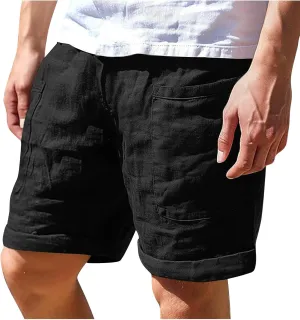 Cotton Mens Casual Linen Shorts Rolled Hem Relaxed Fit Shorts with Dual Front Pockets and Breathable Texture