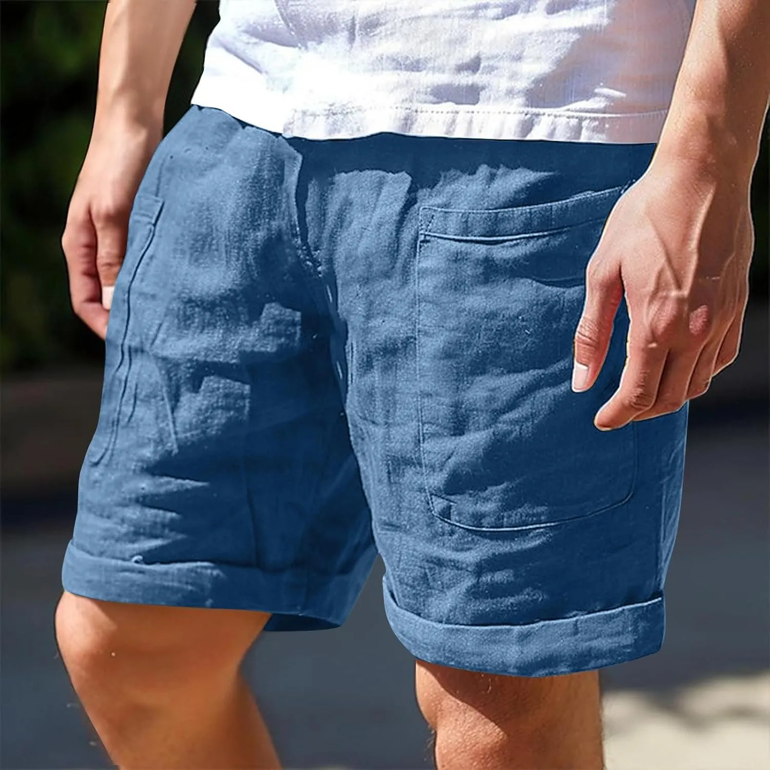 Cotton Mens Casual Linen Shorts Rolled Hem Relaxed Fit Shorts with Dual Front Pockets and Breathable Texture
