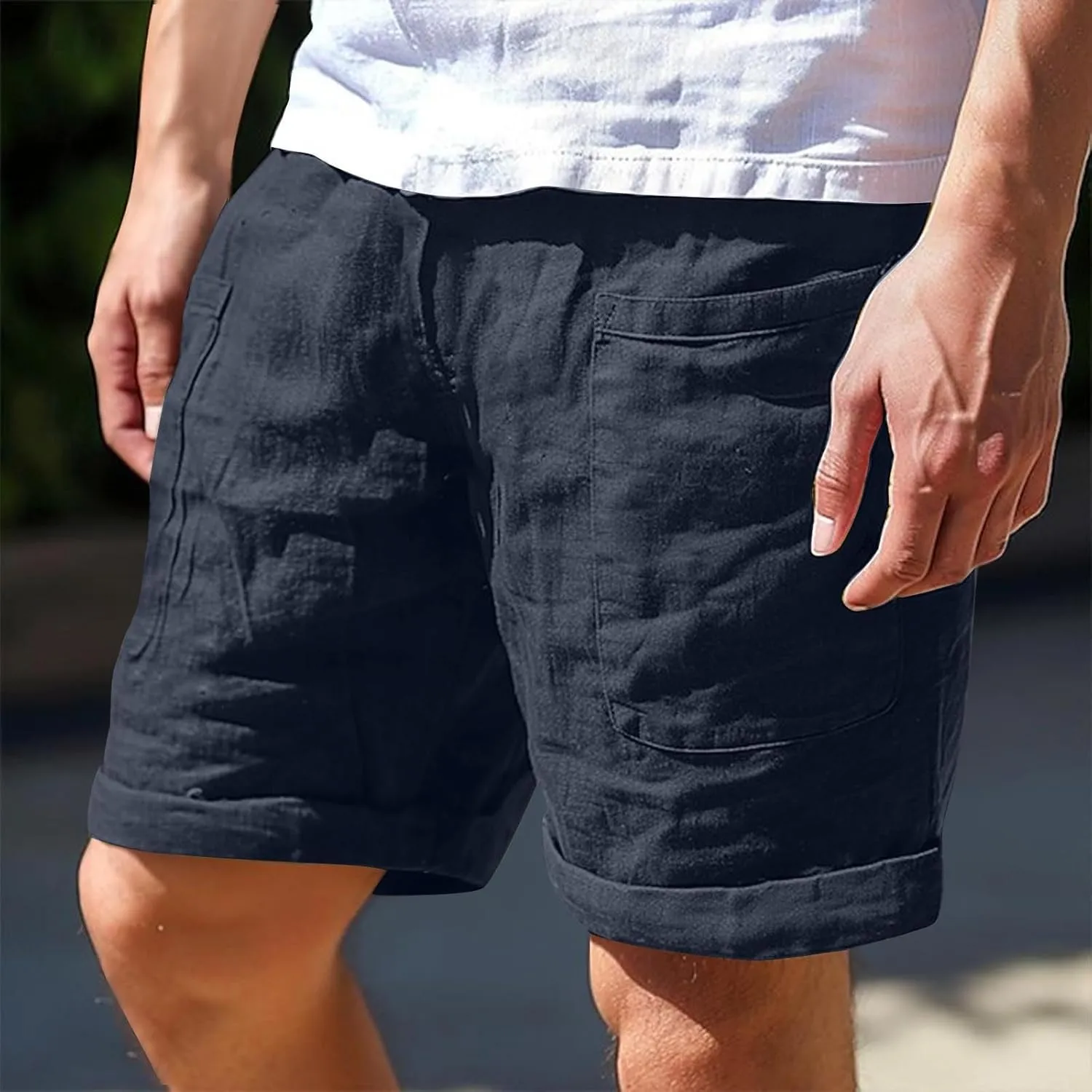 Cotton Mens Casual Linen Shorts Rolled Hem Relaxed Fit Shorts with Dual Front Pockets and Breathable Texture