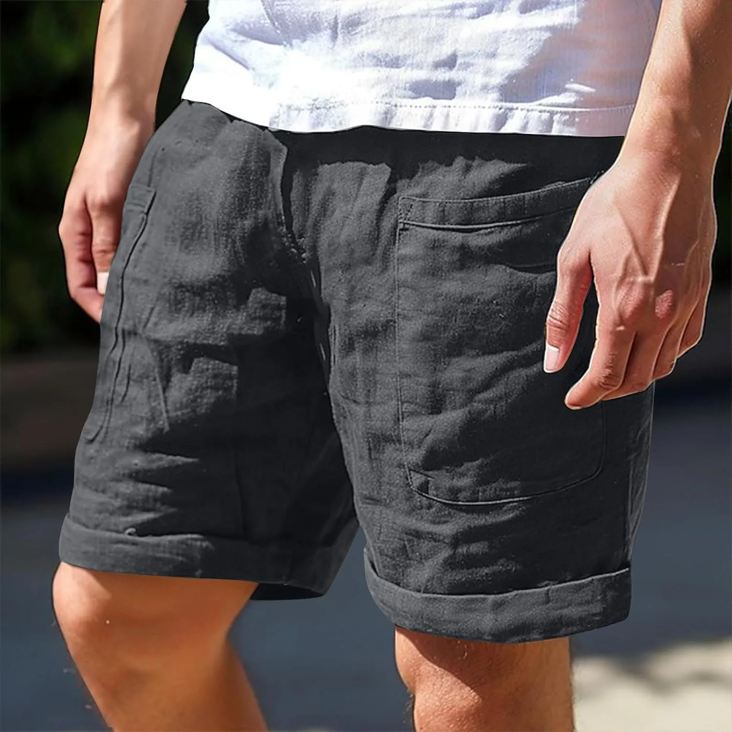 Cotton Mens Casual Linen Shorts Rolled Hem Relaxed Fit Shorts with Dual Front Pockets and Breathable Texture