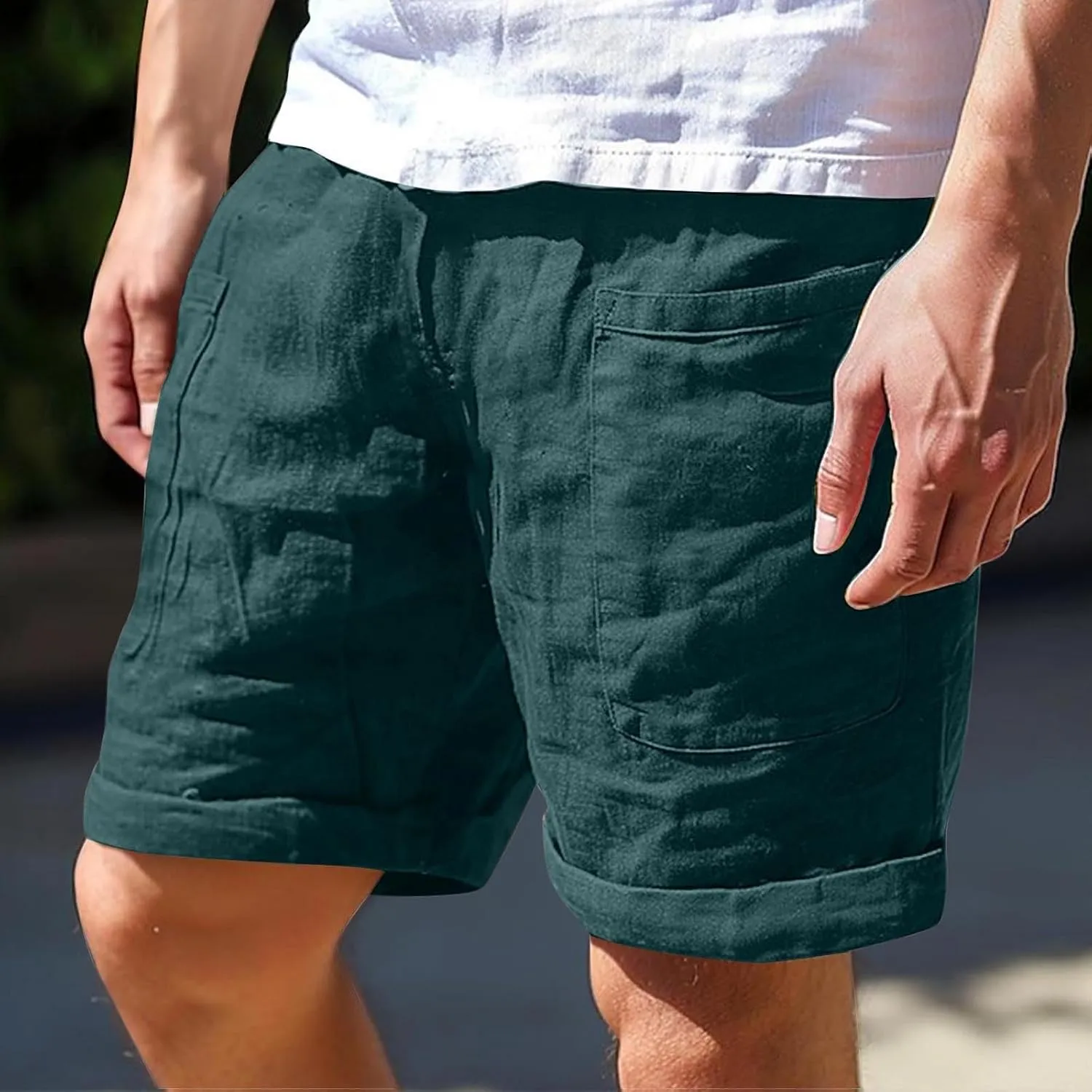 Cotton Mens Casual Linen Shorts Rolled Hem Relaxed Fit Shorts with Dual Front Pockets and Breathable Texture