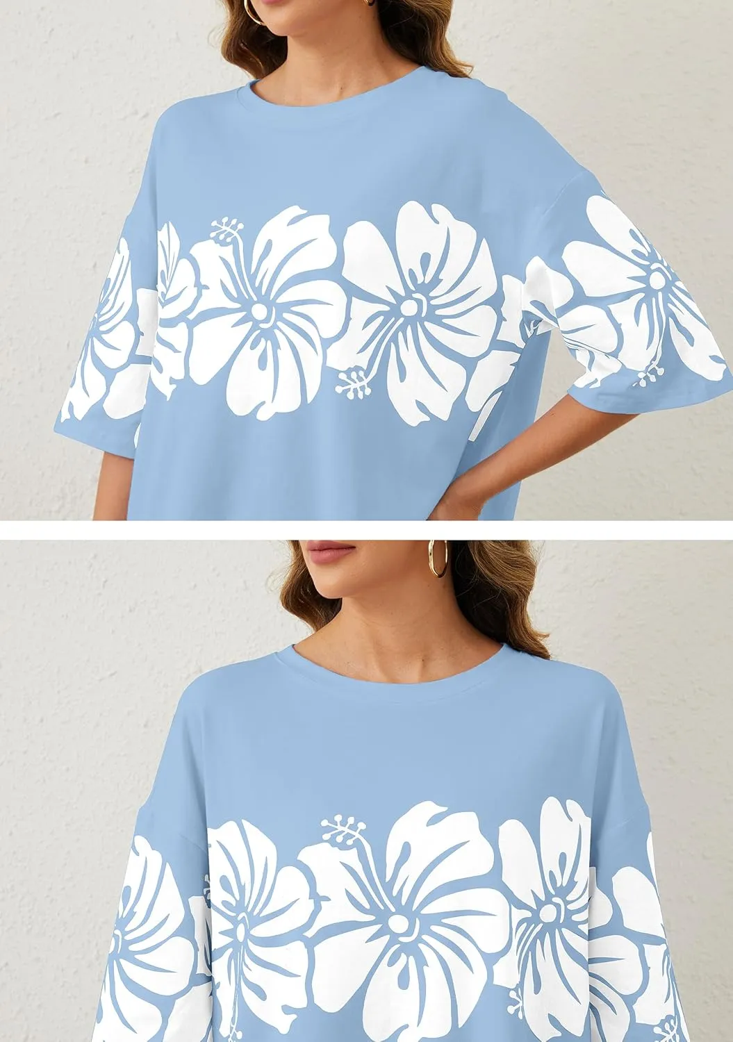 Cotton Oversized Hibiscus Tee Shirt for Women Floral Graphic Hawaiian T Shirts Casual Summer Vacation Loose Tops
