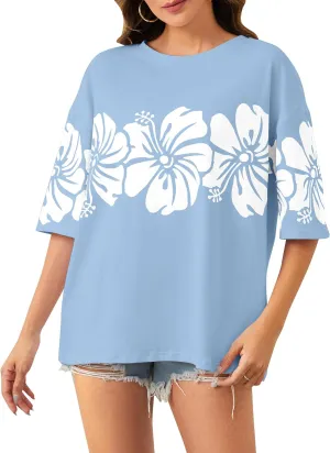 Cotton Oversized Hibiscus Tee Shirt for Women Floral Graphic Hawaiian T Shirts Casual Summer Vacation Loose Tops