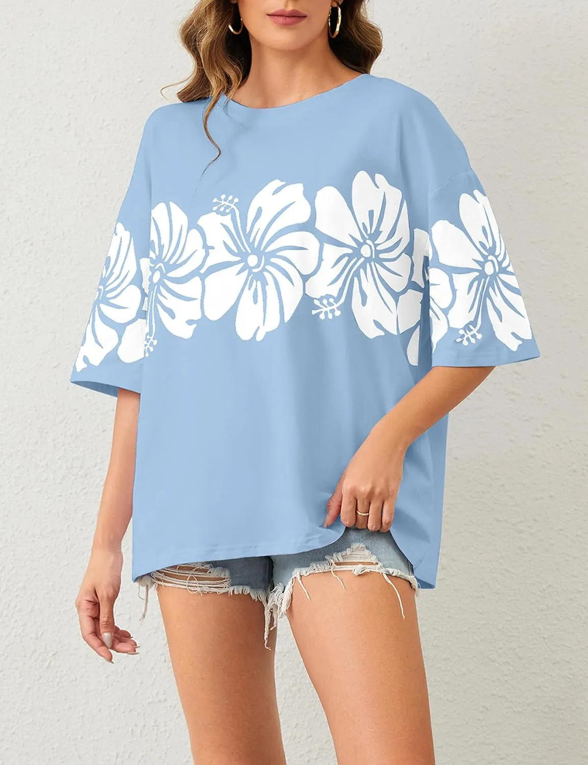 Cotton Oversized Hibiscus Tee Shirt for Women Floral Graphic Hawaiian T Shirts Casual Summer Vacation Loose Tops
