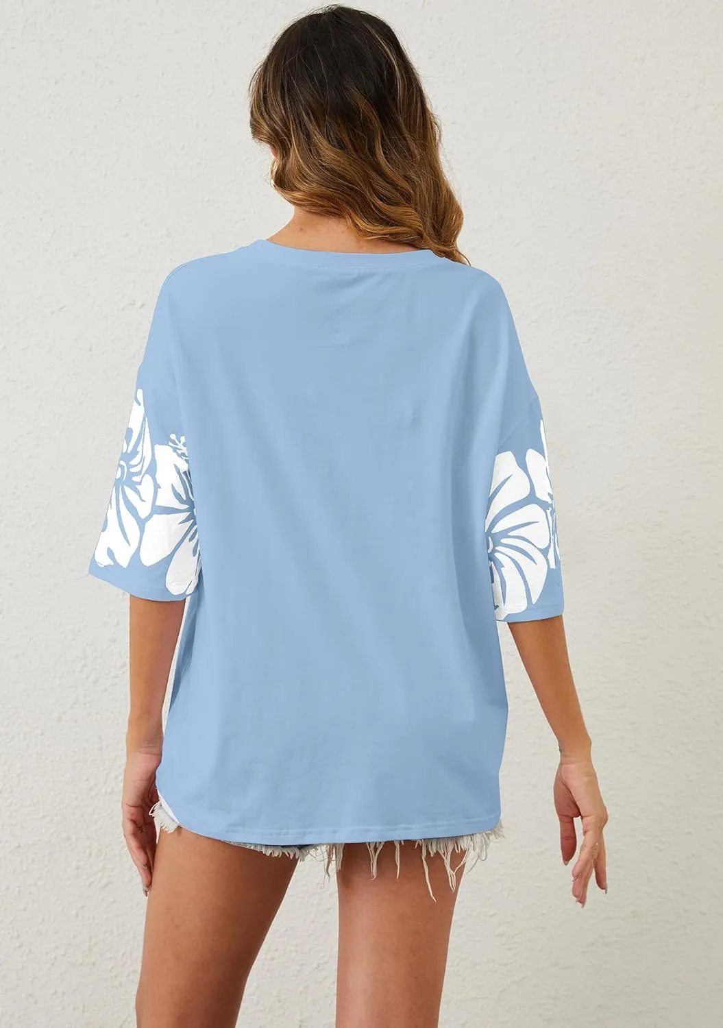 Cotton Oversized Hibiscus Tee Shirt for Women Floral Graphic Hawaiian T Shirts Casual Summer Vacation Loose Tops
