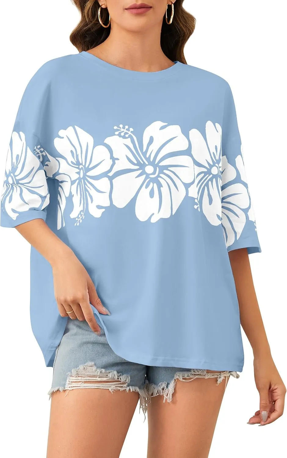 Cotton Oversized Hibiscus Tee Shirt for Women Floral Graphic Hawaiian T Shirts Casual Summer Vacation Loose Tops