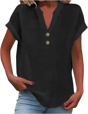 Cotton T Shirts Women Casual Short Sleeve Button V Neck Tops Loose Fit Basic Business Summer Boho Tee Shirt