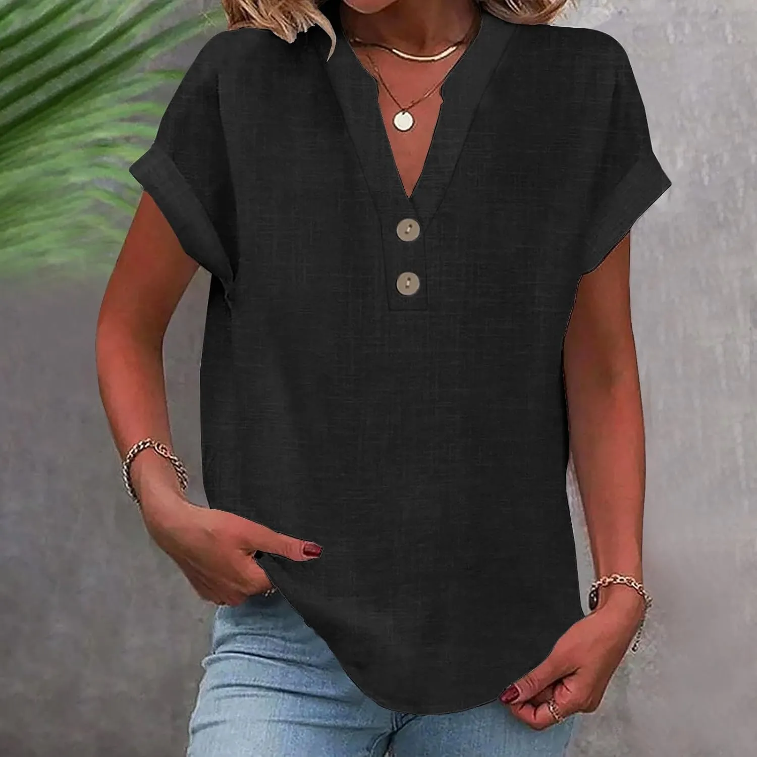 Cotton T Shirts Women Casual Short Sleeve Button V Neck Tops Loose Fit Basic Business Summer Boho Tee Shirt