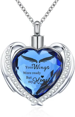 Cremation Jewelry Angel Wing Heart Urn Necklaces for Women Girls Crystal Memorial Ash Pendant Keepsake Jewelry for Loved Ones