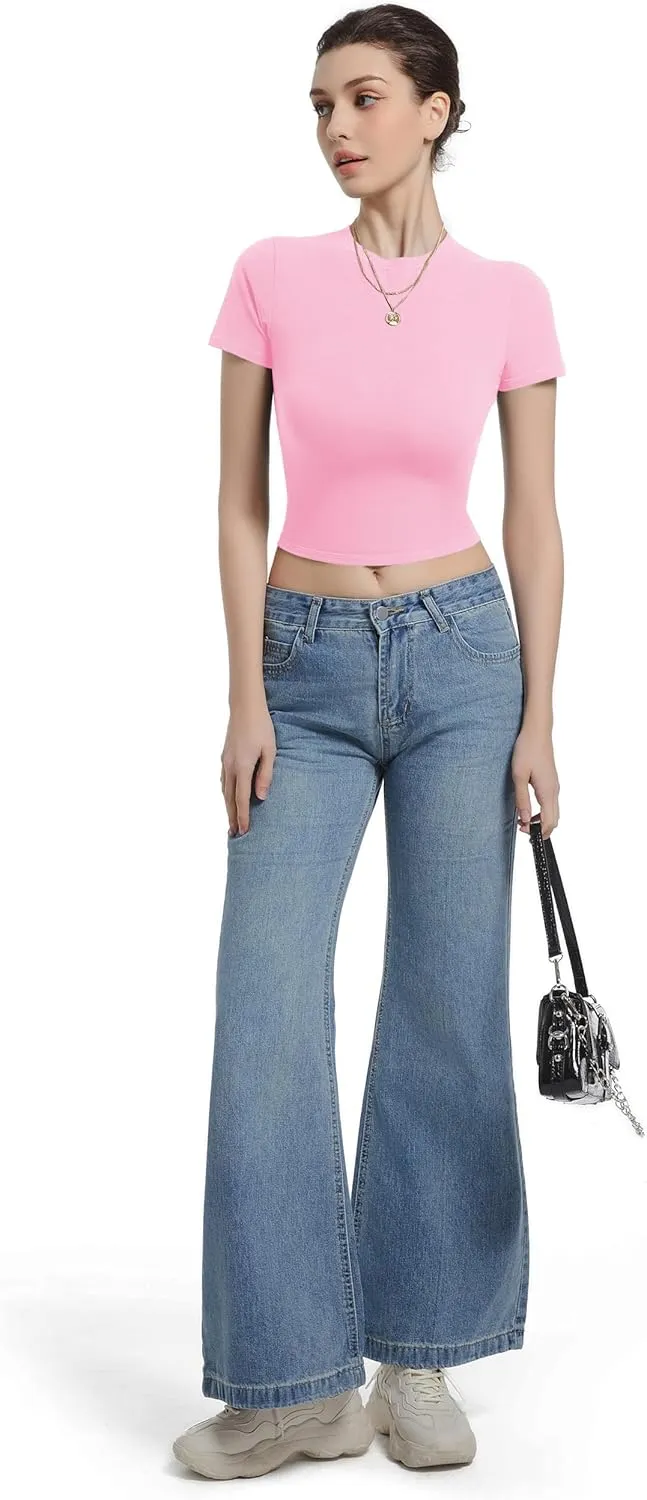 Crewneck Short Sleeve T Shirts for Women Fitted Basic TeesY2k Going Out Tops