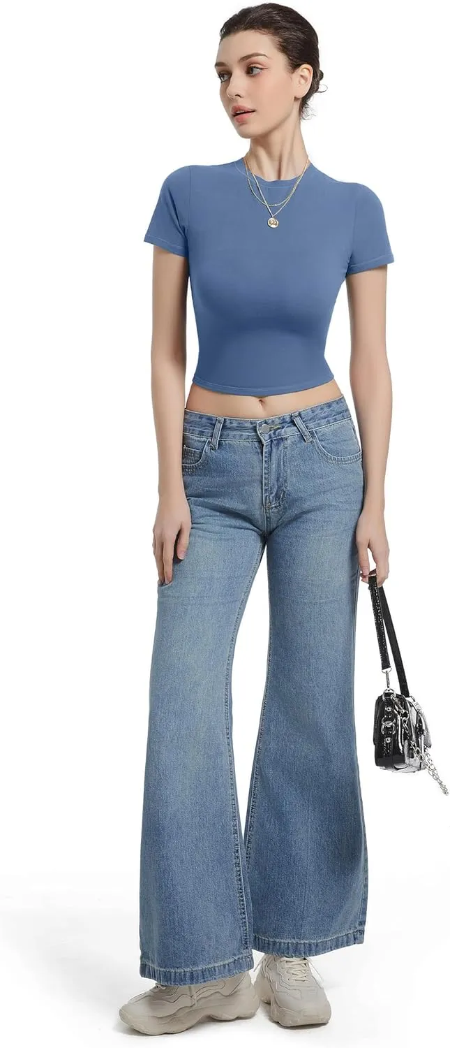 Crewneck Short Sleeve T Shirts for Women Fitted Basic TeesY2k Going Out Tops