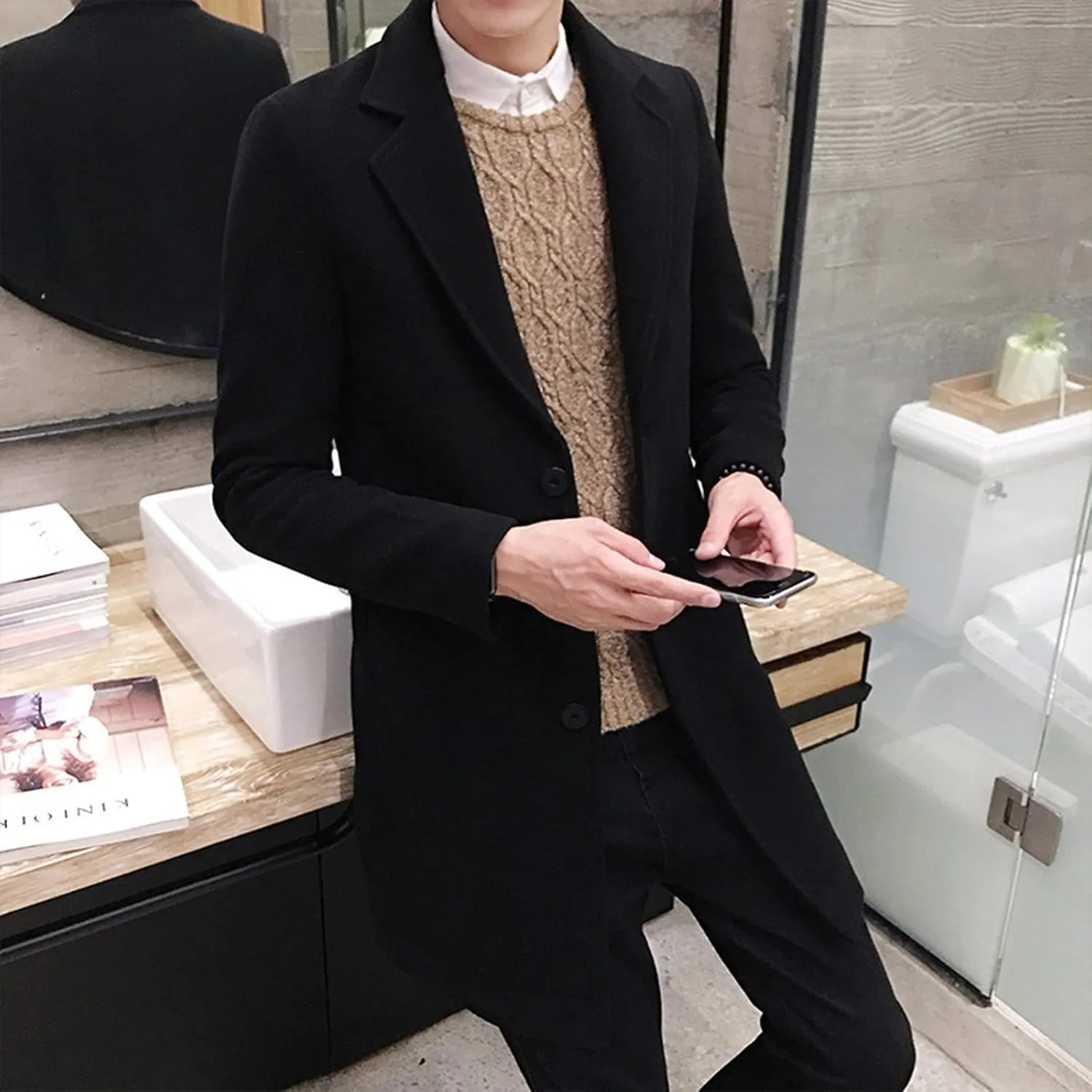 CRNTCEM Men's Trench Coat Notch Lapel Single Breasted Winter Thicken Warm Pea Coat Wool Blend Slim Fit Business Long Overcoat