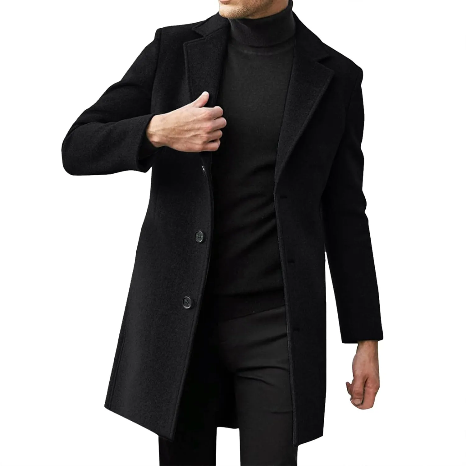 CRNTCEM Men's Trench Coat Notch Lapel Single Breasted Winter Thicken Warm Pea Coat Wool Blend Slim Fit Business Long Overcoat