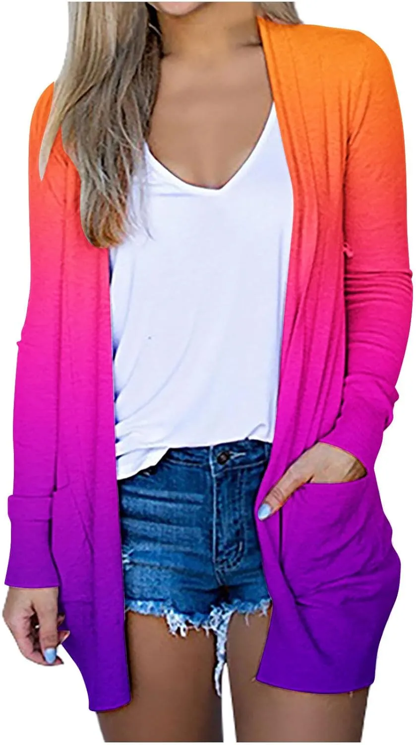 Cropped Cardigan for Women 2024 Loose Open Front Winter Coats Gradient Long Sleeve Cardigans with Pockets