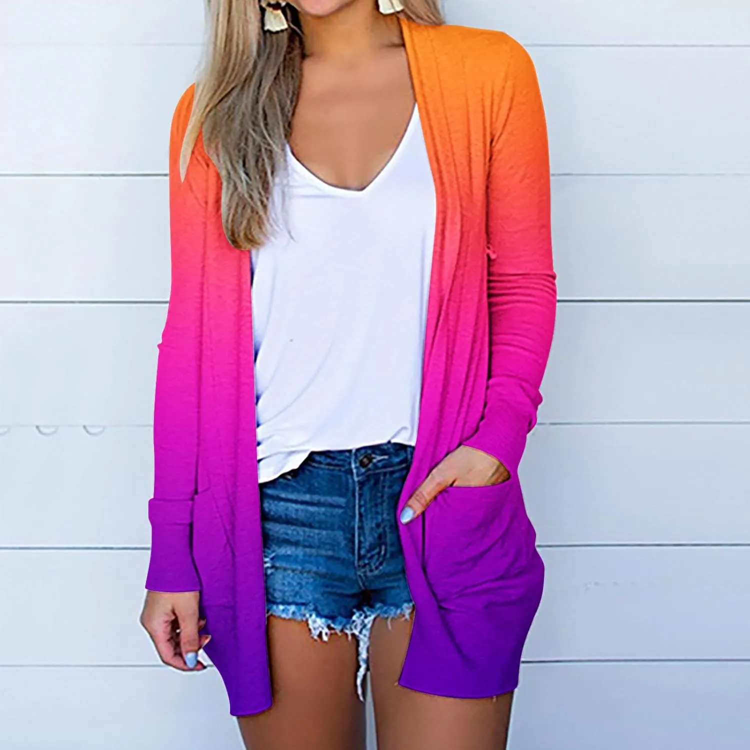 Cropped Cardigan for Women 2024 Loose Open Front Winter Coats Gradient Long Sleeve Cardigans with Pockets