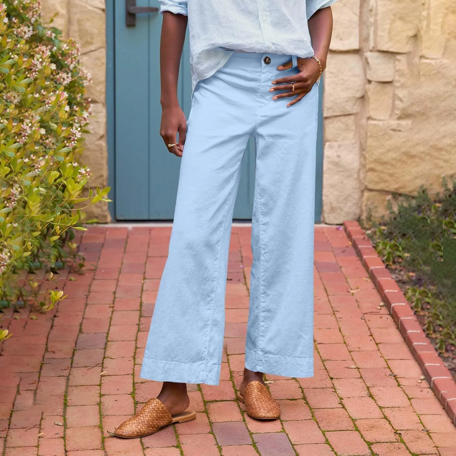 Cropped Linen Pants Women Elastic Waist Teacher Pants Lightweight Summer Comfy Capri Work Pants Loose Ankle Pants
