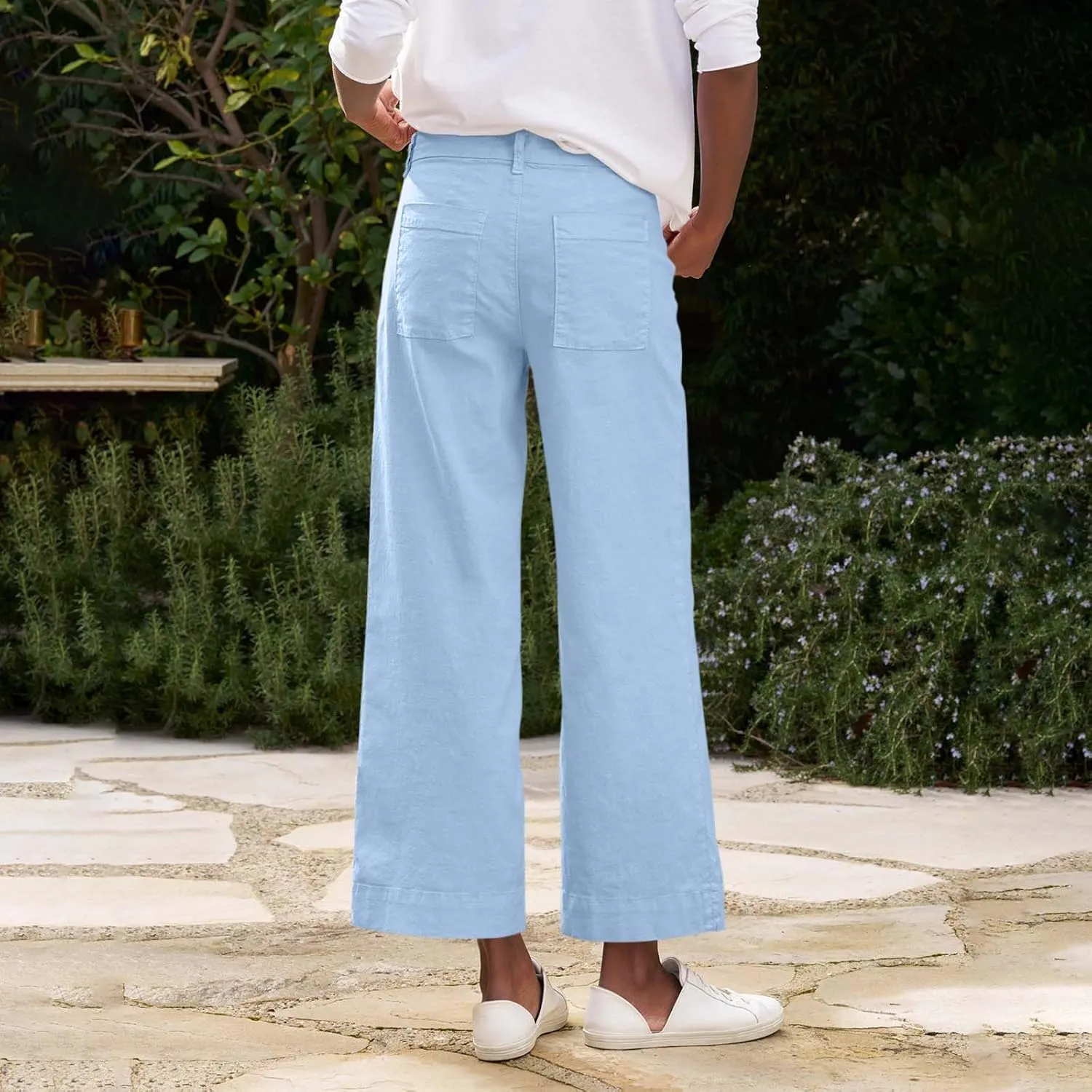 Cropped Linen Pants Women Elastic Waist Teacher Pants Lightweight Summer Comfy Capri Work Pants Loose Ankle Pants