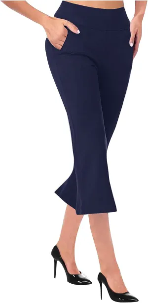 Cropped Trousers for Women Fashion Bell Bottom Pants High Elastic Waist Pants Comfy Pants Travel Pants with Pocket