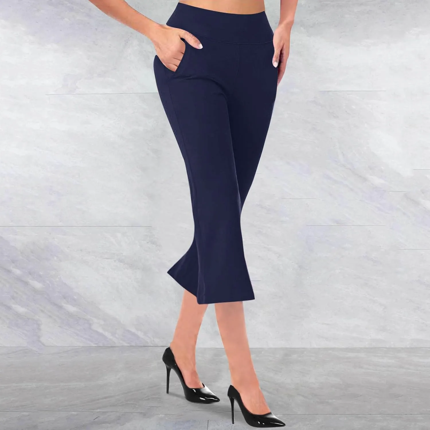 Cropped Trousers for Women Fashion Bell Bottom Pants High Elastic Waist Pants Comfy Pants Travel Pants with Pocket
