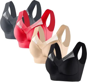 Ctreela 4 Pack Sports Bras for Women, Seamless Comfortable Yoga Bra with Mesh Breathable Multicolor Support Bra Value Pack