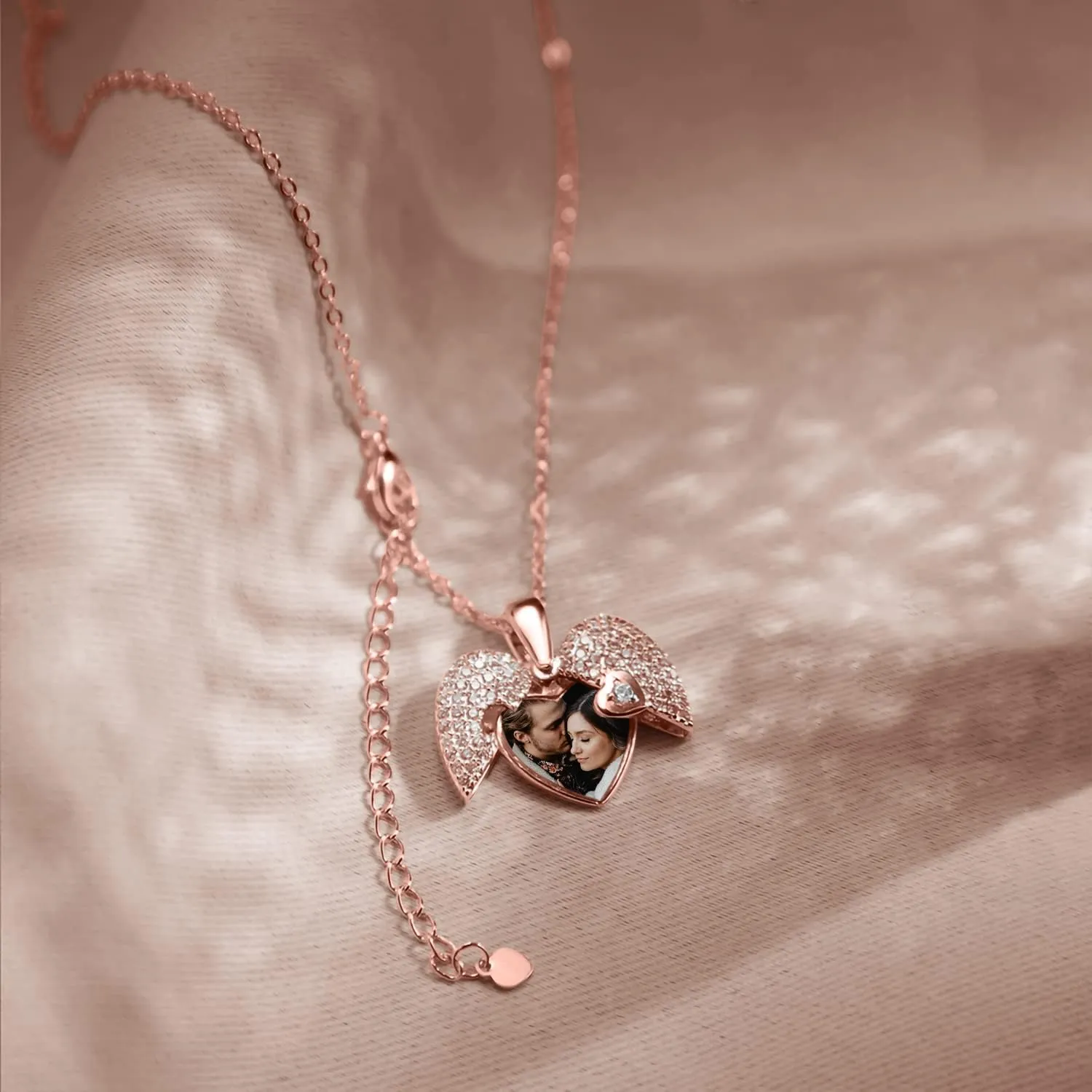 Custom CZ Heart Shape Locket Necklace Brass/925 Sterling Silver Personalized Angel Wings Picture Necklace Anniversary Photo Pendant Necklace Memorial Jewelry Valentines Gifts for Women