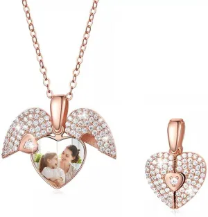 Custom CZ Heart Shape Locket Necklace Brass/925 Sterling Silver Personalized Angel Wings Picture Necklace Anniversary Photo Pendant Necklace Memorial Jewelry Valentines Gifts for Women