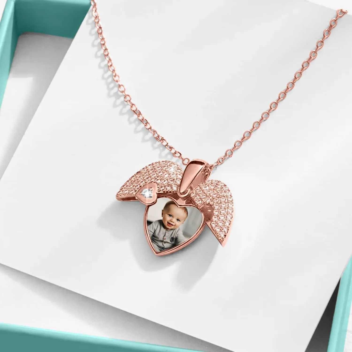 Custom CZ Heart Shape Locket Necklace Brass/925 Sterling Silver Personalized Angel Wings Picture Necklace Anniversary Photo Pendant Necklace Memorial Jewelry Valentines Gifts for Women