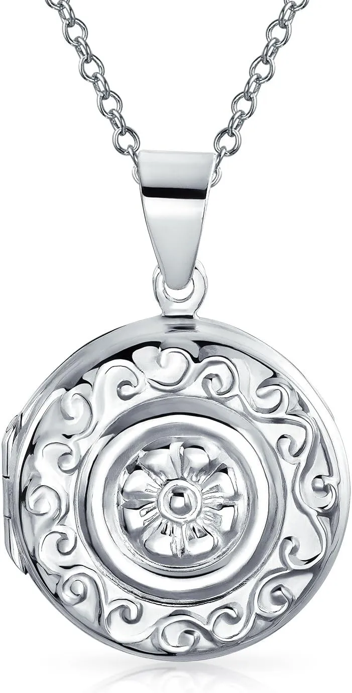 Customizable Vintage Style Oxidized .925 Sterling Silver Embossed Scroll Floral Sunflower Photo Lockets Necklace Pendant for Women Holds Pictures Round Oval Design