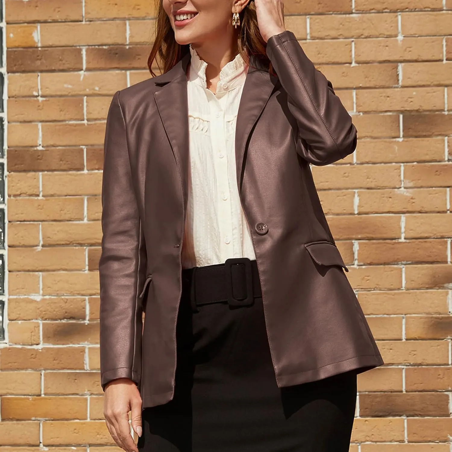 Dademeo Womens Faux Leather Jacket, Trendy Fall Fashion Motorcycle Bike Coat Long Sleeve Zip up PU Leather Jacket with Pocket