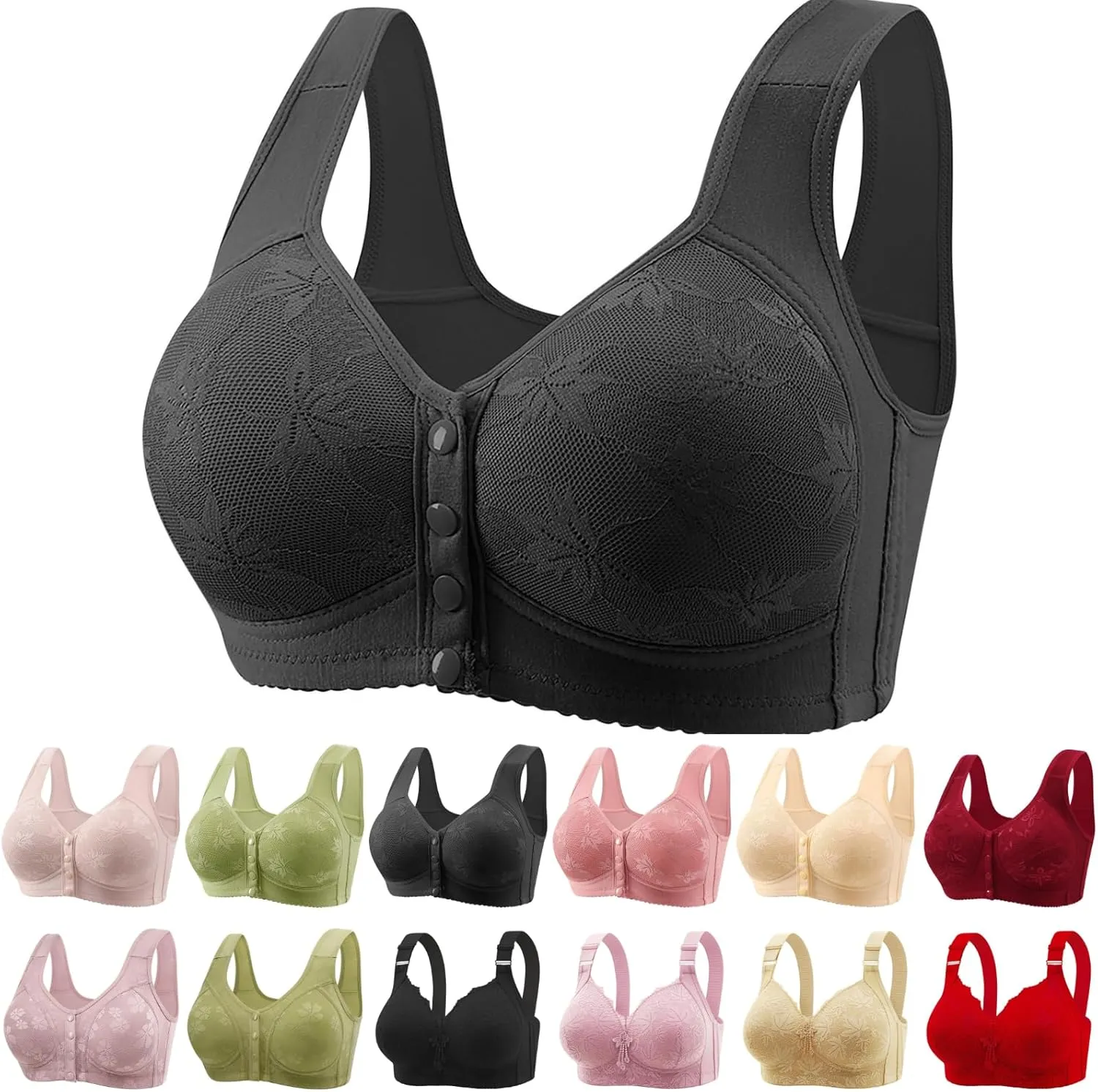 Daisy Bras for Older Women Front Closure Bras for Women Plus Size Push Up Cotton Bra No Underwire for Seniors Black Comfortable Bra for Older Womens 4X-Large